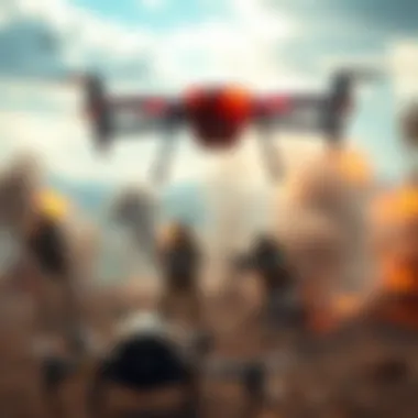 A drone equipped for offensive and reconnaissance tasks, marking enemies while carrying explosives, set against a dynamic battlefield background.