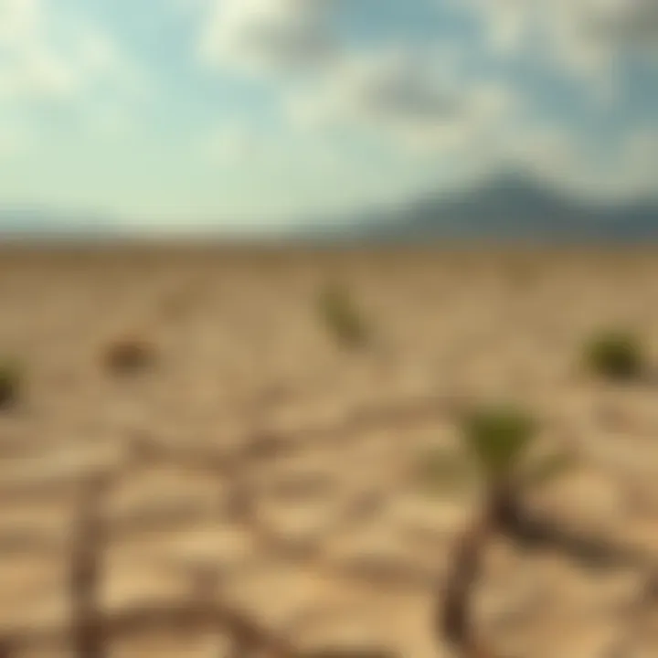 A dry, cracked earth with sparse vegetation showing the effects of climate change in a barren landscape.
