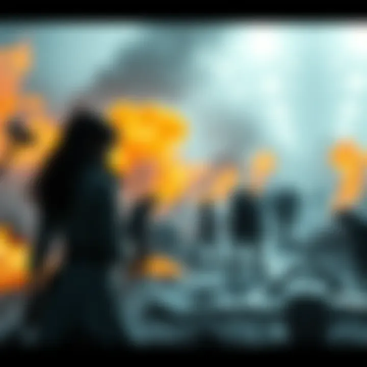 A dramatic scene showing the aftermath of the Hammer Strikes in Tactics, with Sera in the foreground reflecting on the chaos. Flames and debris surround her, illustrating the community's mixed reactions.