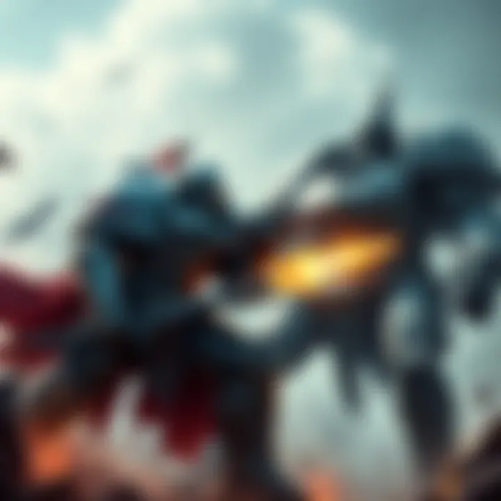 An Imperial Knight and a Titan clash in an epic battle in the Warhammer 40,000 universe, showcasing their weapons and armor.