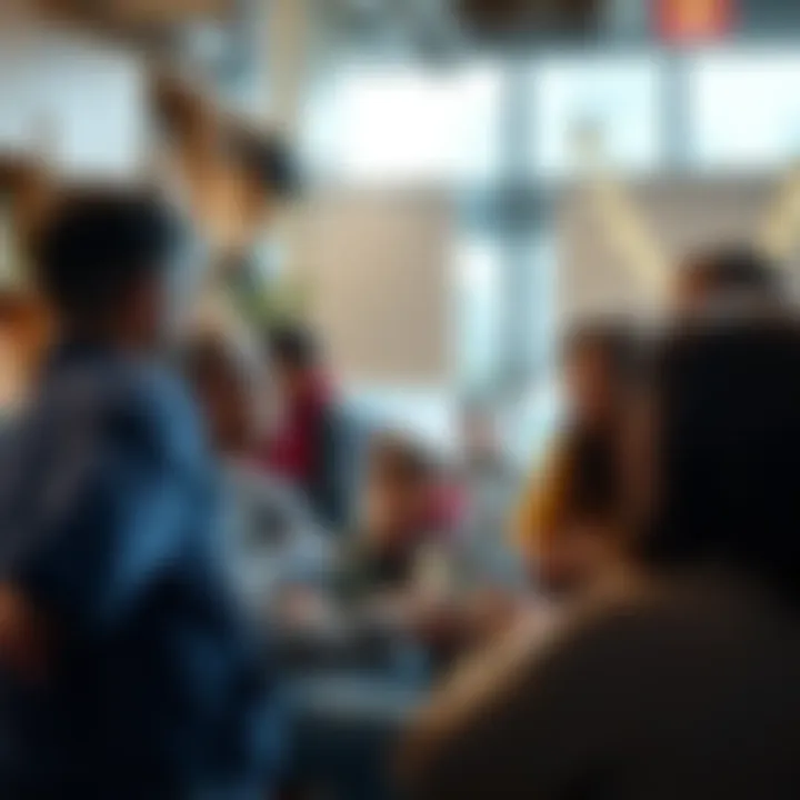 A diverse group of people engaging in a discussion about My V at a community gathering.