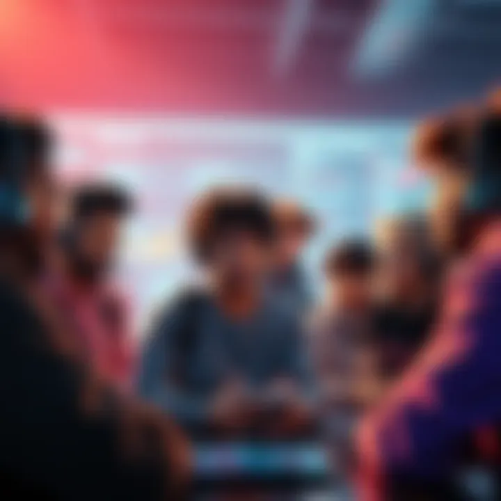 A group of diverse players discussing feedback options in a gaming environment, with digital interface elements visible.