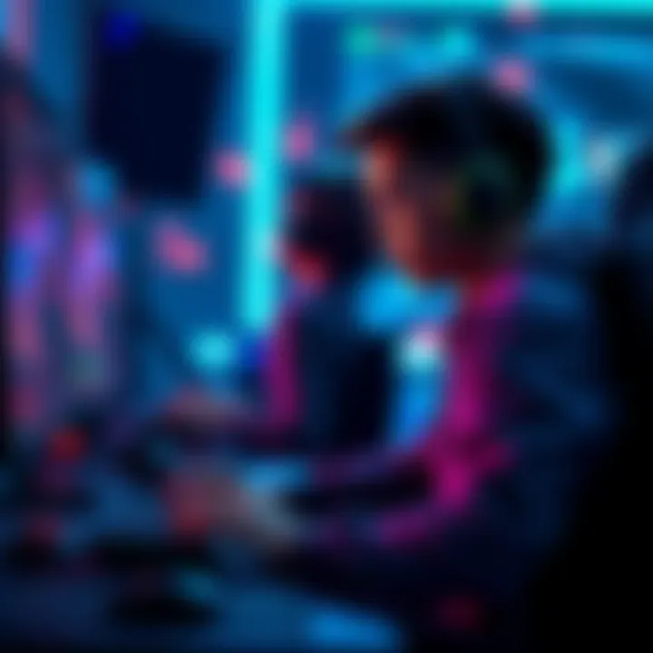 A gamer focused on improving their PVP skills, wearing a headset and using a keyboard and mouse, with a colorful game screen visible