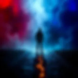 A character standing at a crossroads, contemplating choices that affect their fate, with dark and light paths representing life and death decisions in a game.