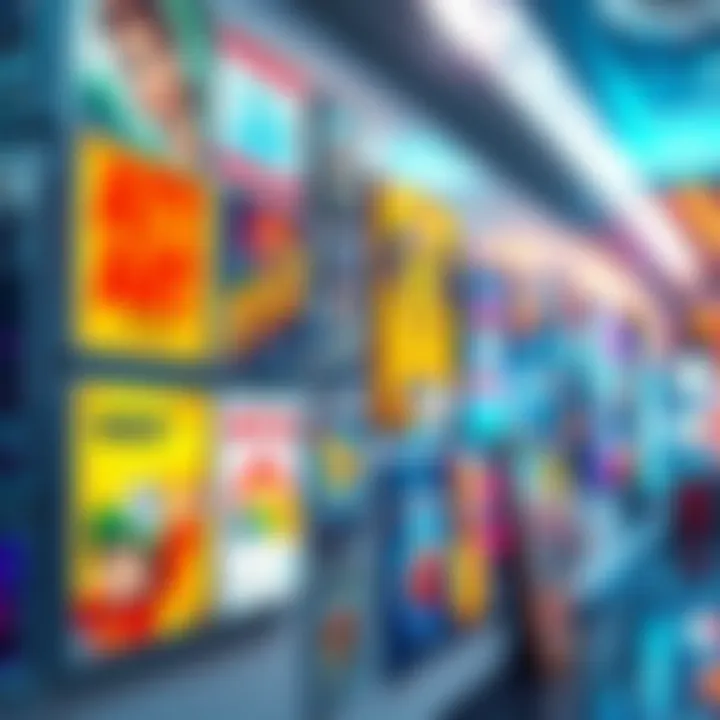 Collection of In-Universe Art A showcase of colorful in-universe advertising art pieces displayed on a wall