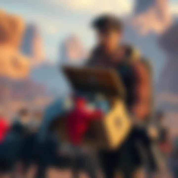 A character in an open world setting holding a box that has clothing items spilling out, with various apparel visible around them.