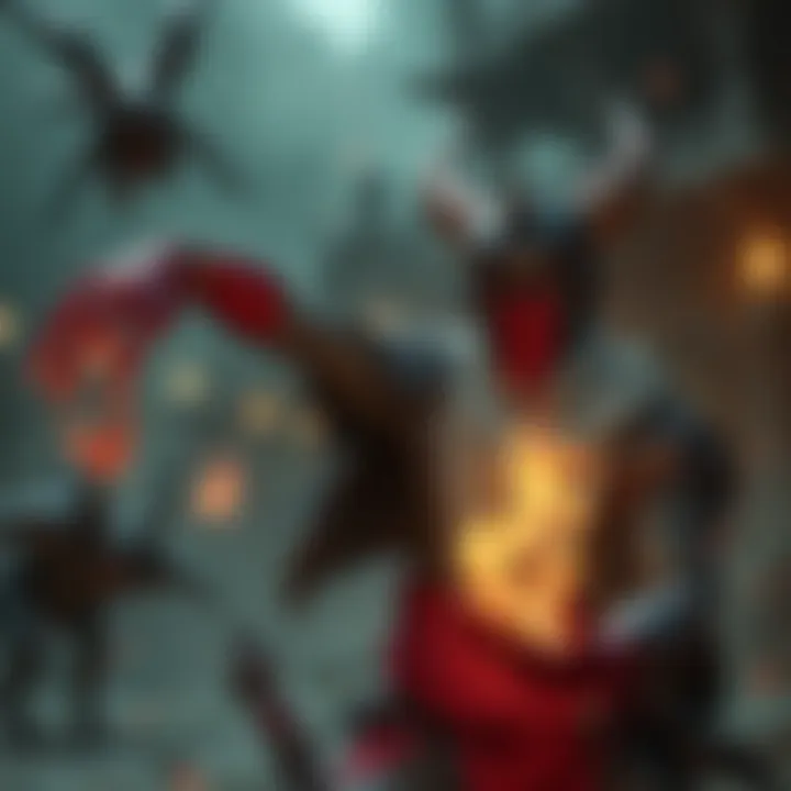 An action-packed scene showing a character battling mythical creatures inspired by Indian culture in a dark, immersive world.