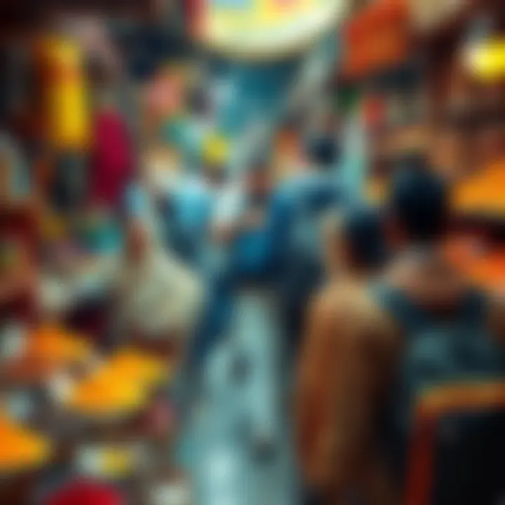 A group of Indian tourists shopping at a colorful market, surrounded by spices and local products, showcasing cultural diversity and interactions.