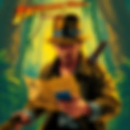 A fan art illustration showing Indiana Jones exploring a jungle with a treasure map while elements from Minecraft and Gartic Phone are incorporated around him.