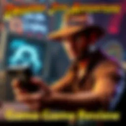A character resembling Indiana Jones looking frustrated while playing a video game, with a console in hand and an empty gaming environment around.