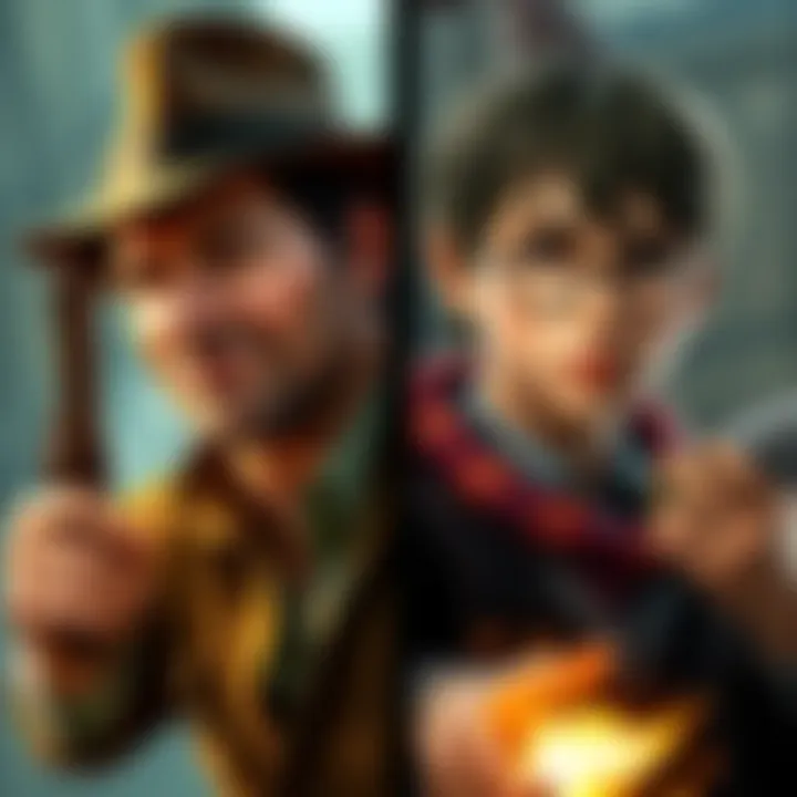 Side-by-side view of Indiana Jones and a Hogwarts student character, showcasing gameplay action