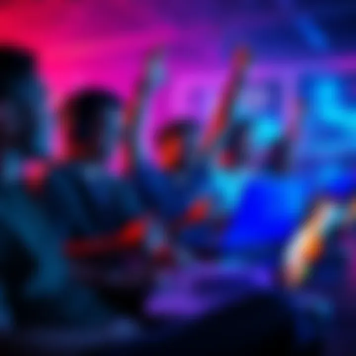 Indie developers celebrating the announcement of new revenue share policy for Epic Games Store with laptops and game designs
