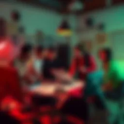 A group of indie game developers brainstorming ideas in a creative studio, with sketches and gaming consoles on the table.