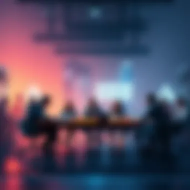 A group of gamers gathered around a table discussing indie games, showcasing diverse opinions on funding and team size.