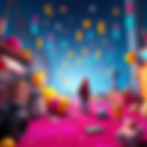 A colorful first-person scene featuring a character exploring a vibrant, surreal world filled with quirky objects and everyday items.