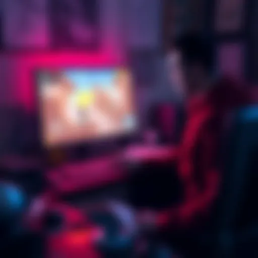 A developer at their desk, looking at a computer screen displaying retro FPS graphics alongside notes and sketches for game content.