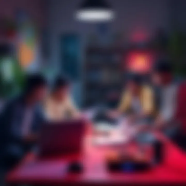 A group of indie game developers brainstorming ideas for immersive simulation games with laptops and sketches in a cozy workspace.
