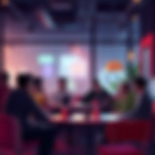 A group of indie game developers in a cafe sharing their thoughts and ideas about the gaming industry changes.