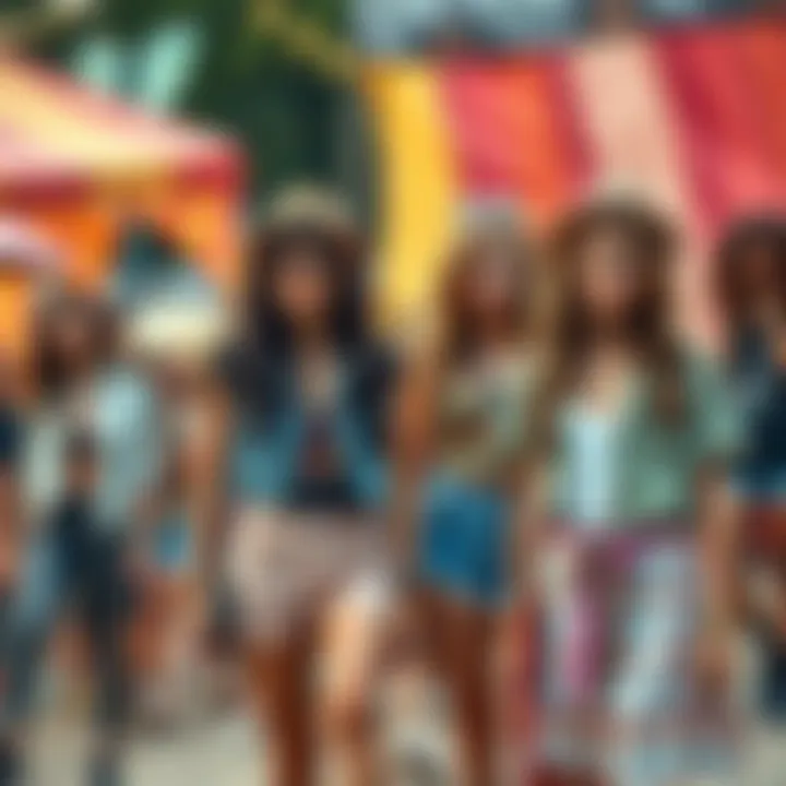 A group of indie girls and boys wearing colorful, vintage clothing at an outdoor music festival, showcasing their unique styles and accessories.
