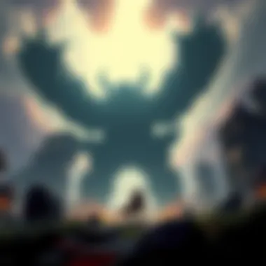 A giant colossus towering over a small warrior, set in a stylized fantasy landscape, showcasing epic battle scenes.