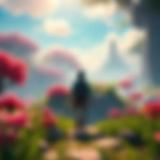 A character explores a lush, colorful environment in an indie game, showcasing diverse landscapes and no fast travel options