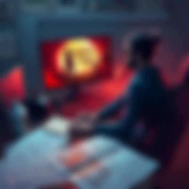 An indie game creator sits at a desk, looking thoughtfully at a computer screen showing the Legacy of Kain: Ascendance game. Papers and sketches are scattered around, illustrating their past game idea...