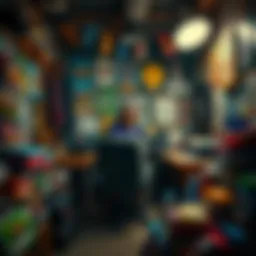An indie game developer working on a laptop in a cluttered basement filled with game posters and snack wrappers.