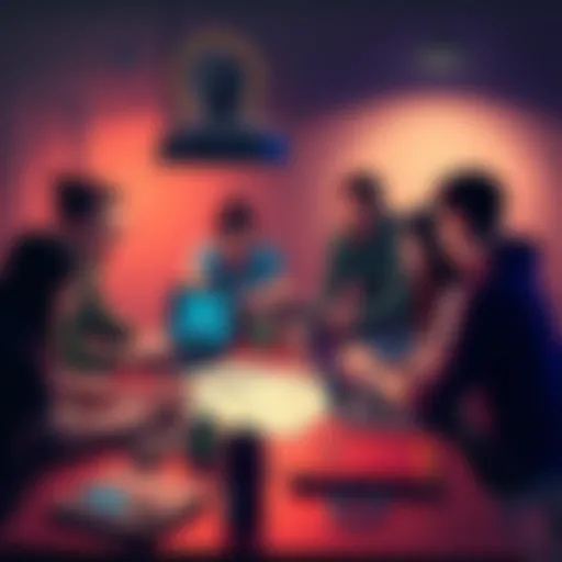 A group of indie game developers brainstorming ideas around a table with laptops and sketches