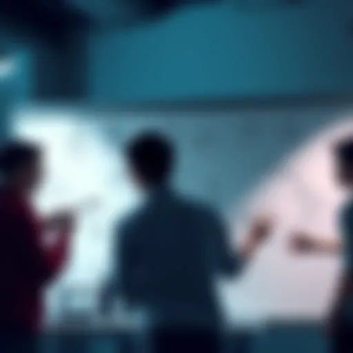 A group of indie game developers discussing game ideas, with sketches of stealth gameplay mechanics on a whiteboard.