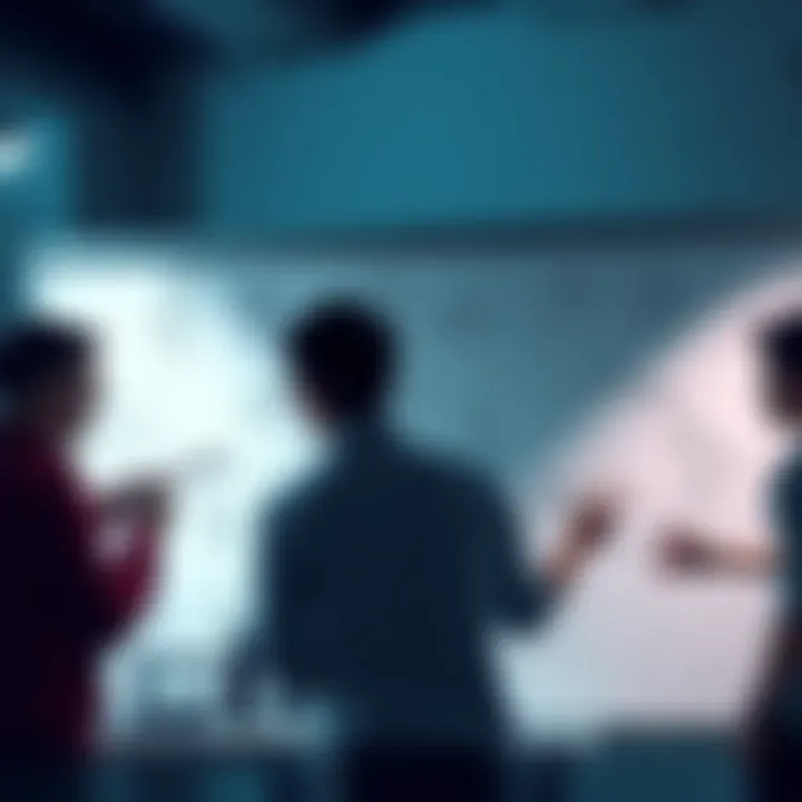 A group of indie game developers discussing game ideas, with sketches of stealth gameplay mechanics on a whiteboard.