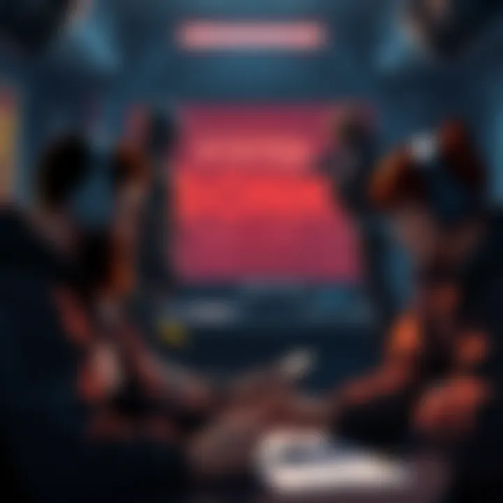 Indie game naming discussion Group of gamers debating between two names for a new indie game inspired by System Shock 2, with notes and sketches in the background.