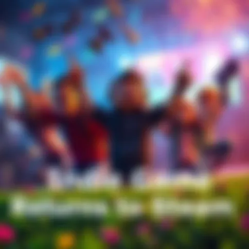 A celebration of an indie game similar to Minecraft returning to Steam, featuring happy developers and vibrant game graphics.