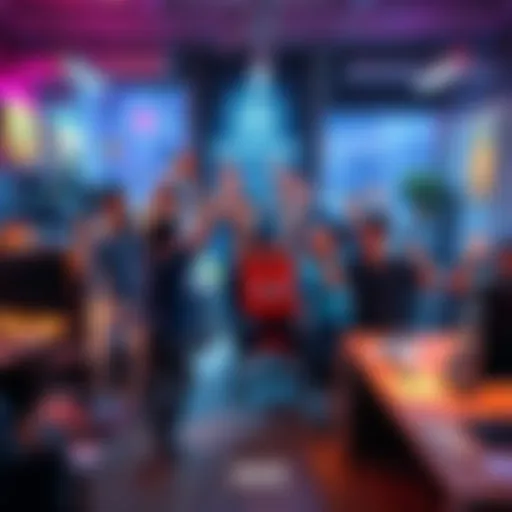 A group of game developers celebrating their independence in a lively office space, with gaming posters and creative designs around them.