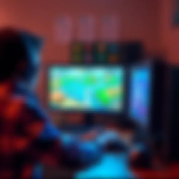 A student playing lightweight indie games on a low-end school computer, showing colorful game graphics on the screen.