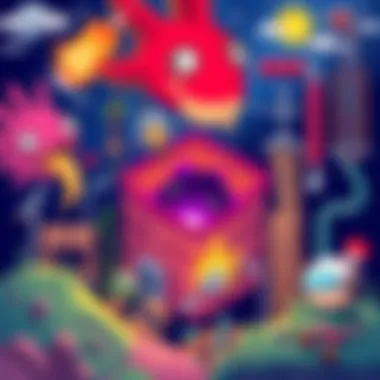 Indie Incremental Games Illustration A colorful collage of indie incremental game scenes, featuring characters digging, feeding a black hole, and upgrading tools, representing simple yet engaging gameplay.