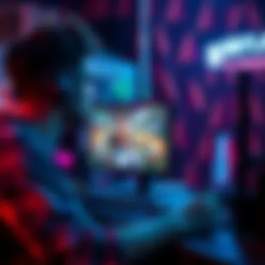 A gamer adjusting graphics settings on a computer to reduce overhead light glare in a video game