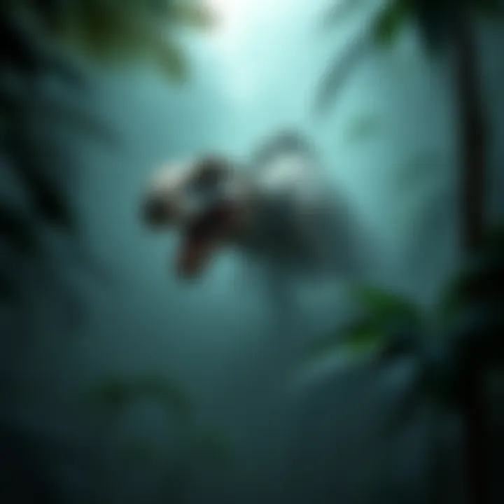Indoraptor in Jungle A menacing Indoraptor lurking in a dense jungle filled with fog and vibrant greenery, capturing the tense atmosphere of Jurassic World.