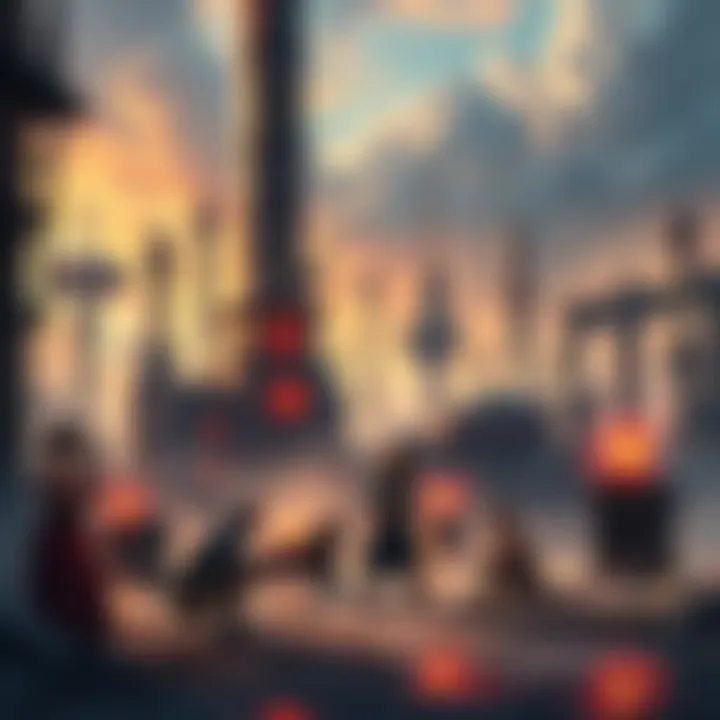 A vibrant scene showcasing a post-apocalyptic cityscape with towering ruins and industrial elements, where adventurers gather to discuss unique campaign ideas.