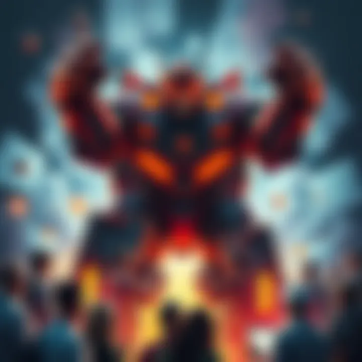 Industry Juggernaut A dynamic figure representing a powerful force in the industry, surrounded by people engaging in lively discussions on forums.