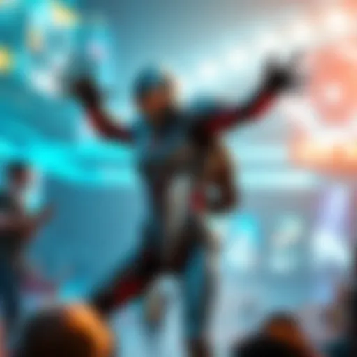 A futuristic robotic character representing Inf Ultron, engaged in a dynamic pose, surrounded by digital elements and audience reactions, capturing the excitement of this phenomenon.