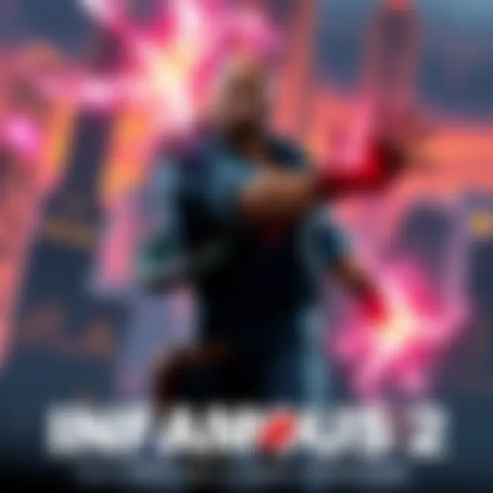 A character from Infamous 2 using powers in an action-packed moment, with a vibrant city skyline in the background.