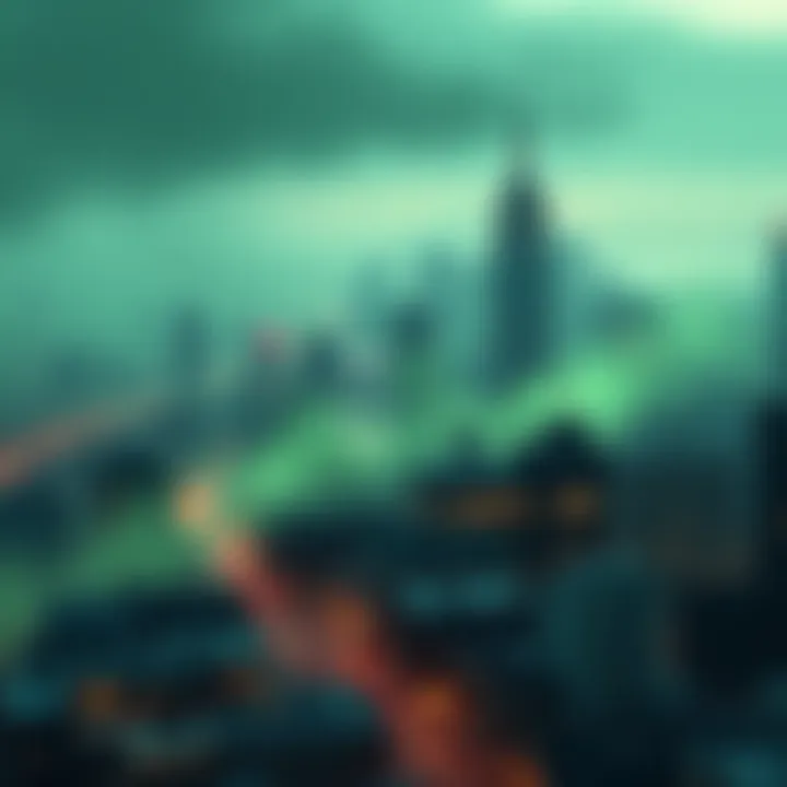 A city skyline shrouded in a green haze, symbolizing a contagious outbreak looming over the urban environment.