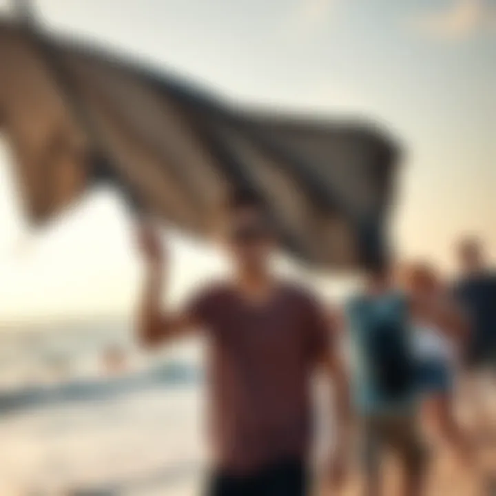 An influencer smiling while holding a black flag at a beach with friends