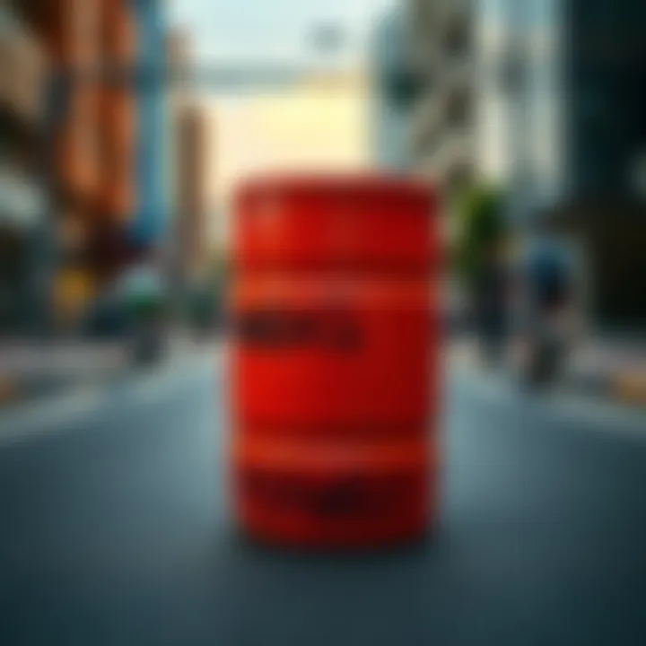 A plastic drum on an empty street, symbolizing the tragic death of an influencer who spoke against a mango company.