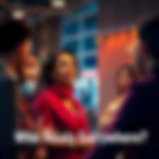 A powerful woman engaging with a diverse group of people in a discussion setting, highlighting her widespread influence.