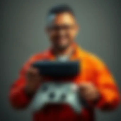 An inmate in a prison jumpsuit smiling while holding an Xbox console and two controllers