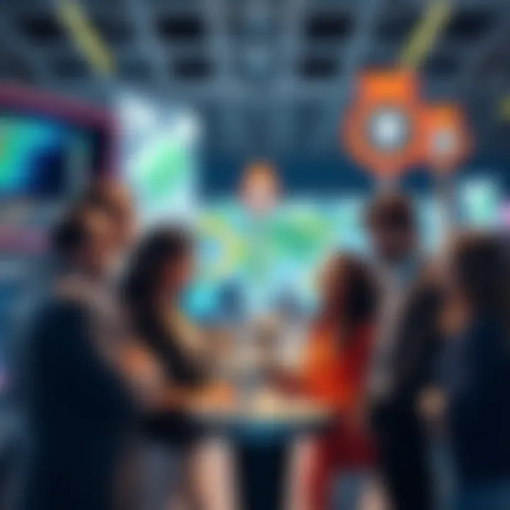 A group of diverse people discussing innovative ideas at a modern conference, surrounded by futuristic technology displays.