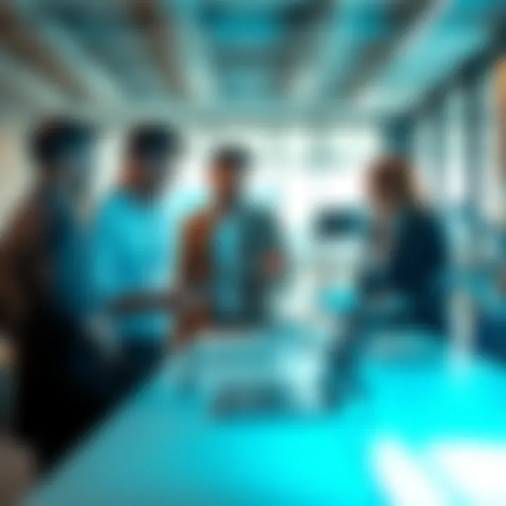 A team discussing innovative pilot projects with charts and digital tools in a modern office setting.