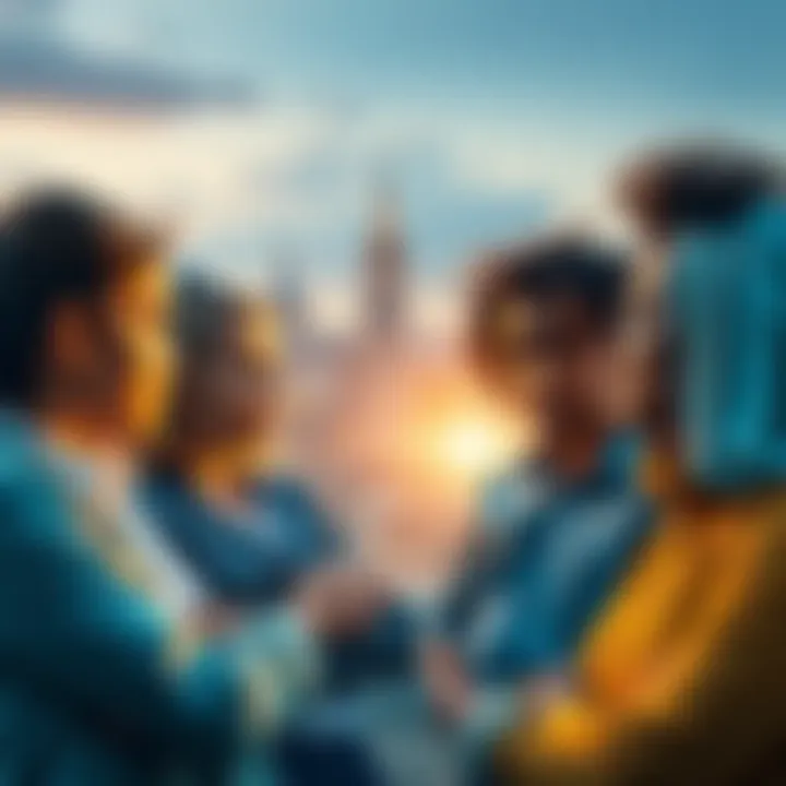 A group of diverse people discussing strategies for social issues, with a city skyline in the background.