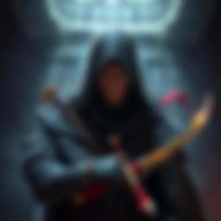 A fantasy character representing an Inquisitor Rogue equipped with a dagger, showcasing a thoughtful expression. The character blends stealth with wisdom, set in a darkened room with shadows.